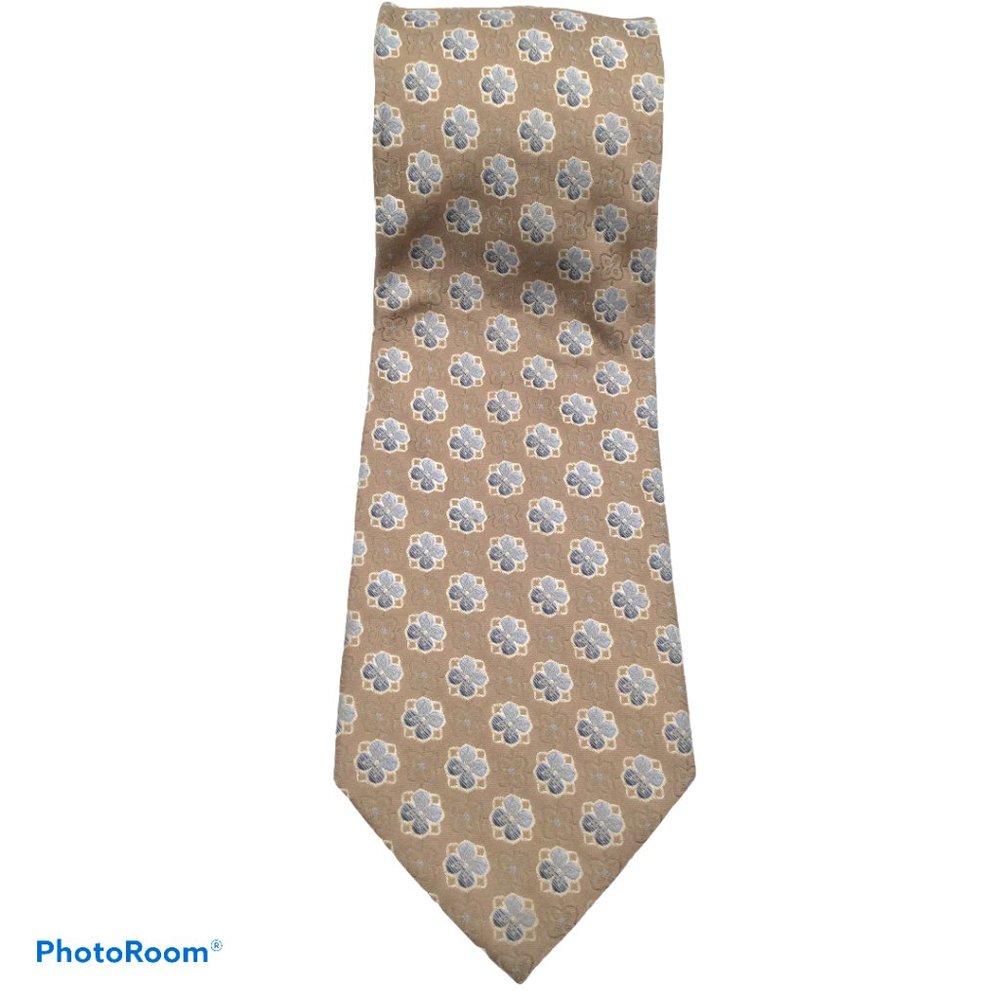 Burma Bibas Silk Gold Tan Blue Pattern Tie
